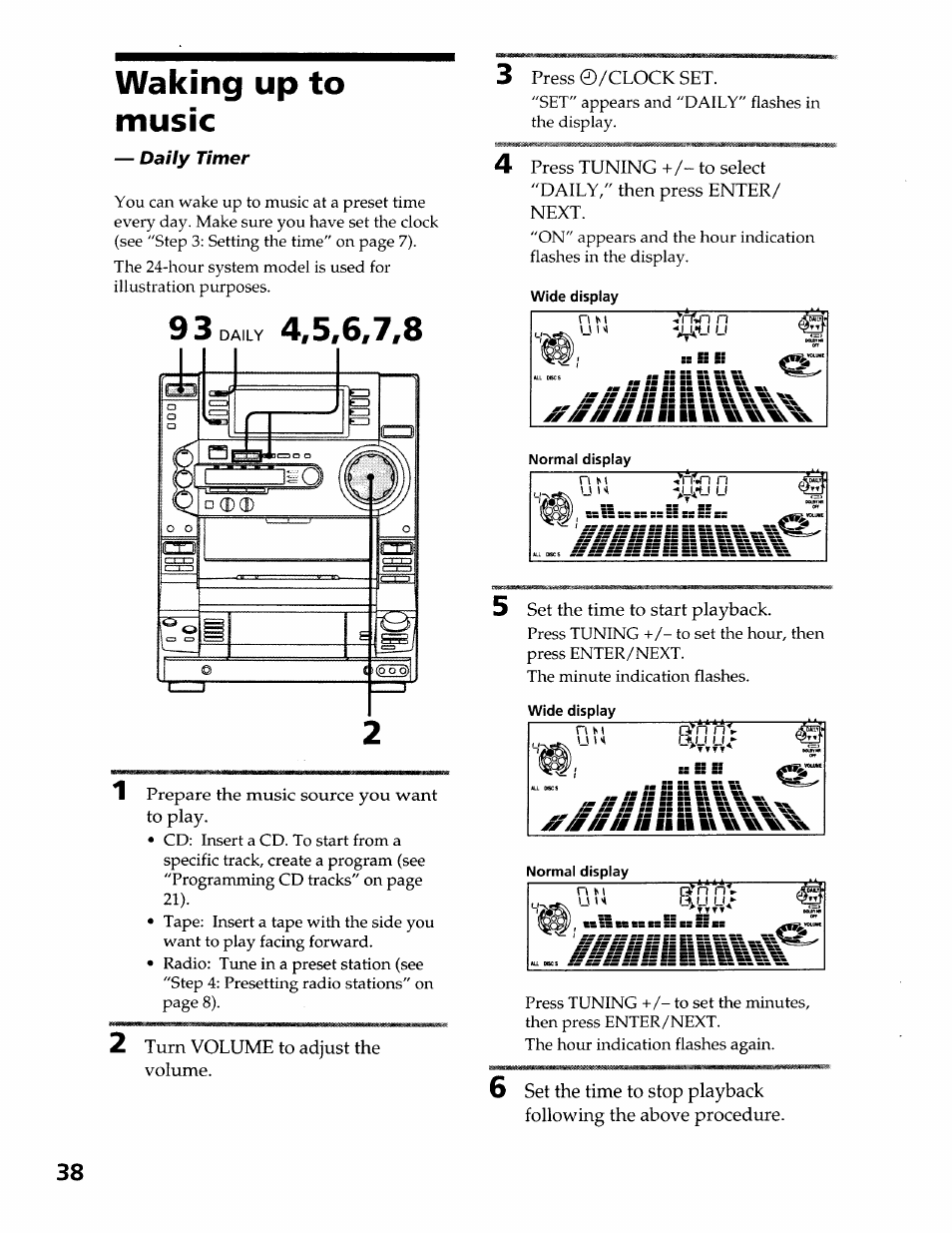 Waking up to music, Daily timer, Turn volume to adjust the volume | Press ©/clock set, Set the time to start playback, Au u | Sony LBT-LX50 User Manual | Page 38 / 52