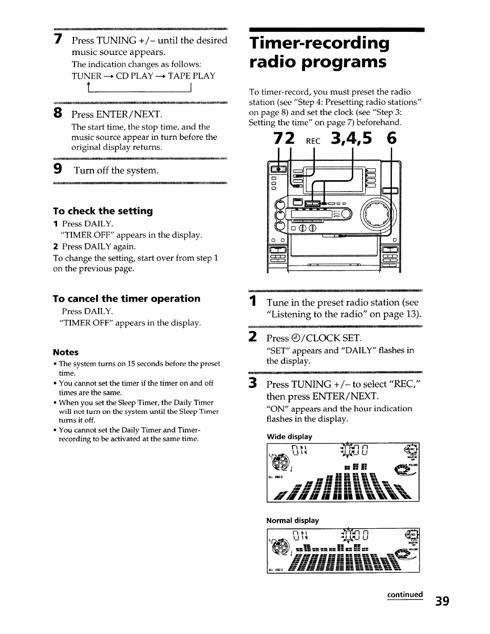 To check the setting, To cancel the timer operation, Notes | Timer-recording radio programs, Sbbiiu | Sony LBT-LX50 User Manual | Page 39 / 52