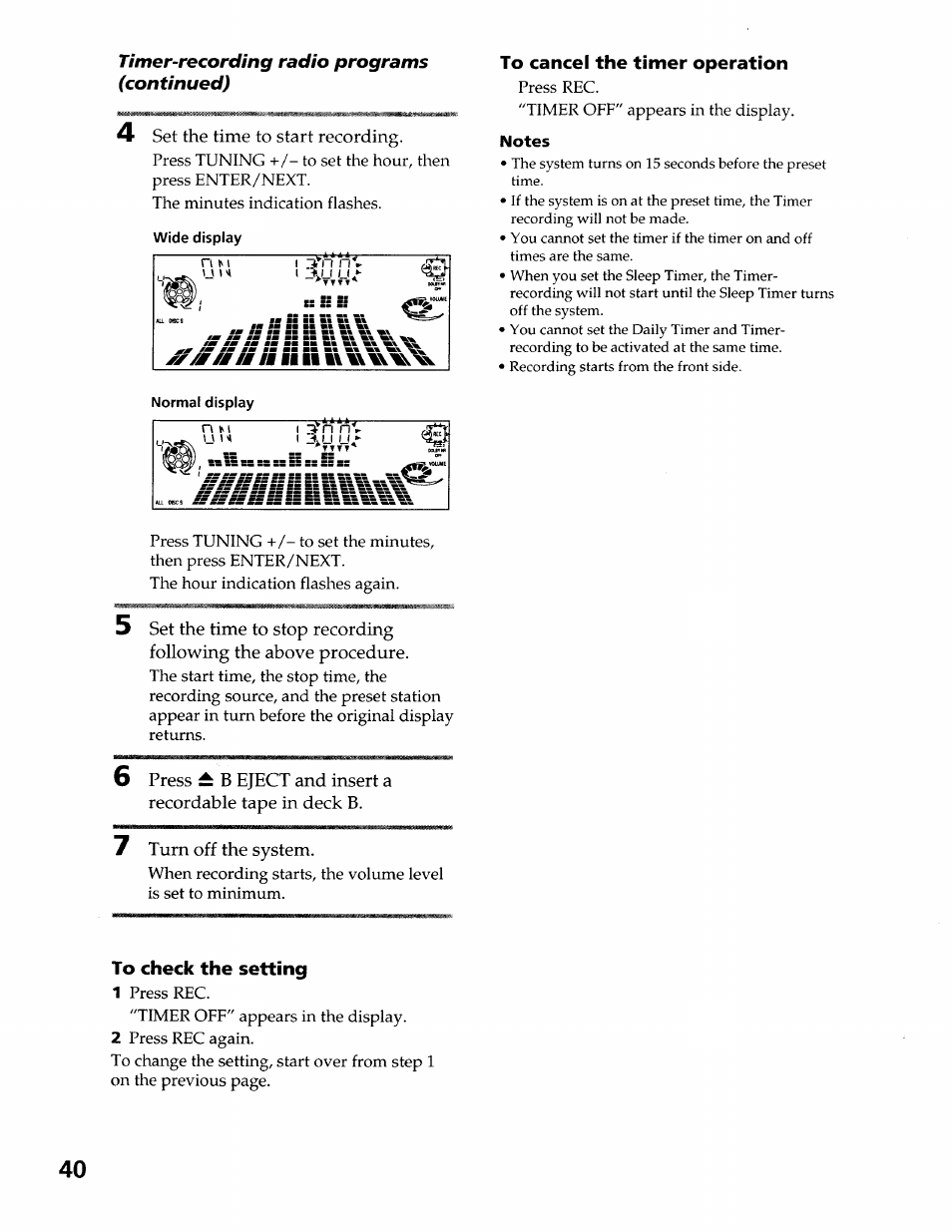 To check the setting, To cancel the timer operation, Notes | Set the time to start recording, Fsss s, Turn off the system | Sony LBT-LX50 User Manual | Page 40 / 52