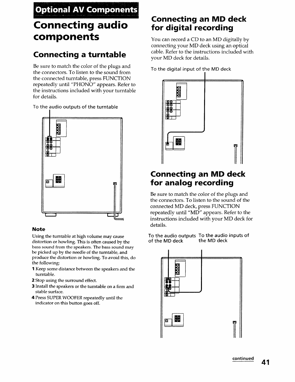 Optional av components, Connecting audio components, Connecting a turntable | Connecting an md deck for digital recording, Connecting an md deck for analog recording | Sony LBT-LX50 User Manual | Page 41 / 52