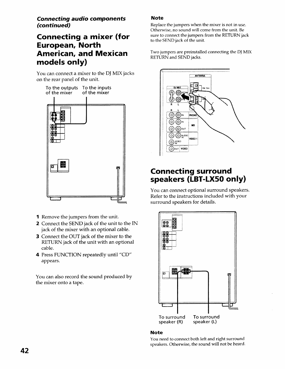 Note, Connecting surround speakers (lbt-lx50 only) | Sony LBT-LX50 User Manual | Page 42 / 52