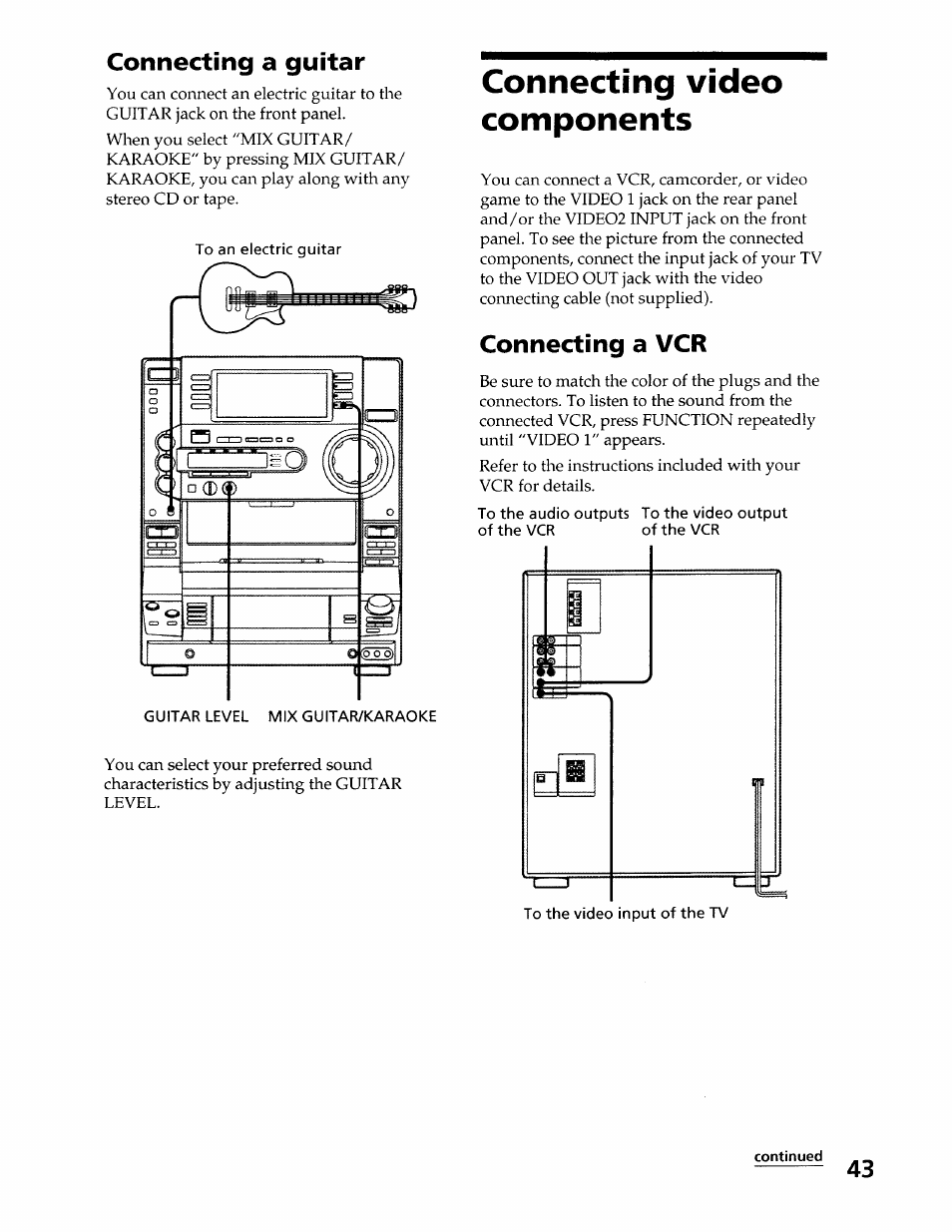 Connecting a guitar, Connecting video components, Connecting a vcr | Sony LBT-LX50 User Manual | Page 43 / 52