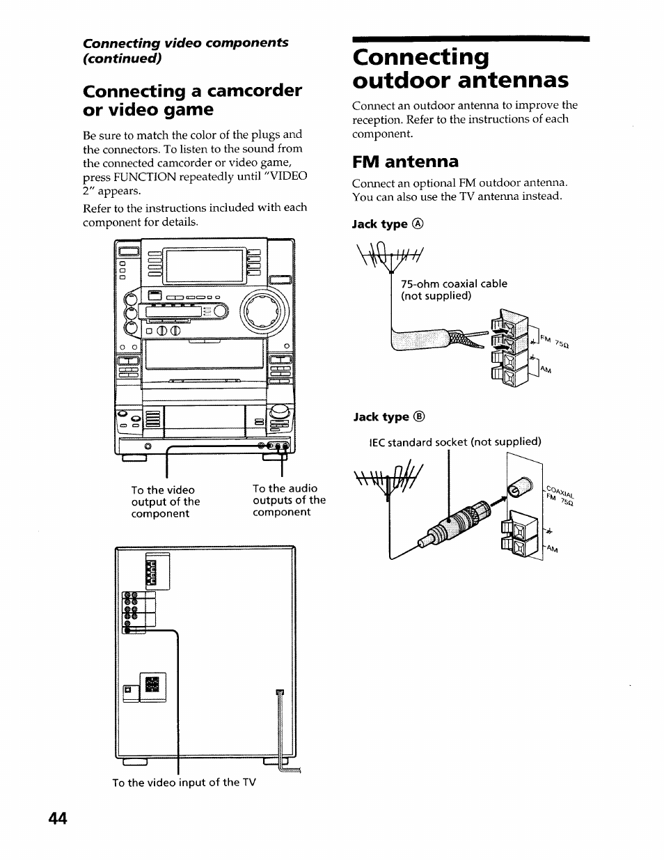 Connecting a camcorder or video game, Connecting outdoor antennas, Fm antenna | Jack type | Sony LBT-LX50 User Manual | Page 44 / 52