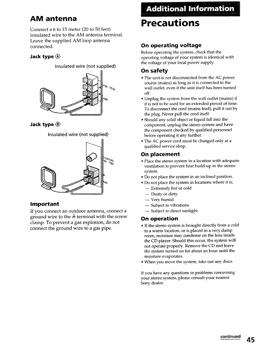 Am antenna, Jack type, Important | Additional information, Precautions, On operating voltage, On safety, On placement, On operation | Sony LBT-LX50 User Manual | Page 45 / 52