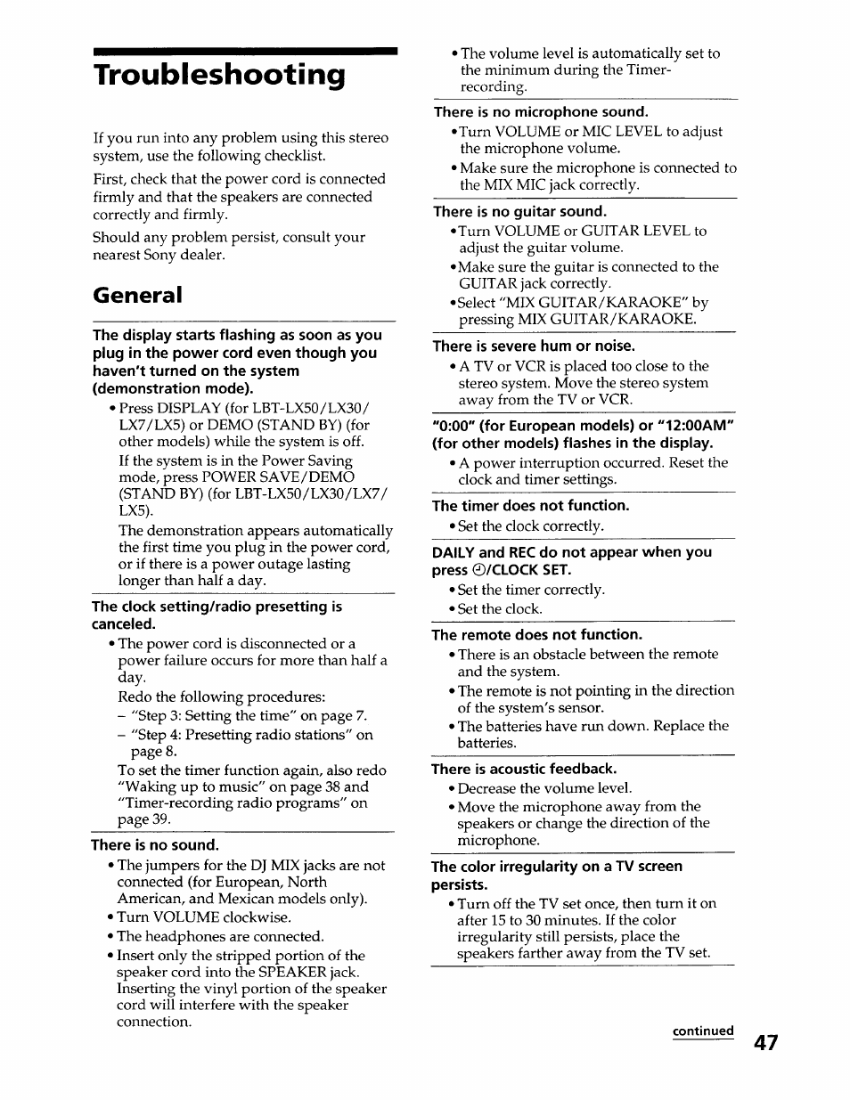 Troubleshooting, General | Sony LBT-LX50 User Manual | Page 47 / 52