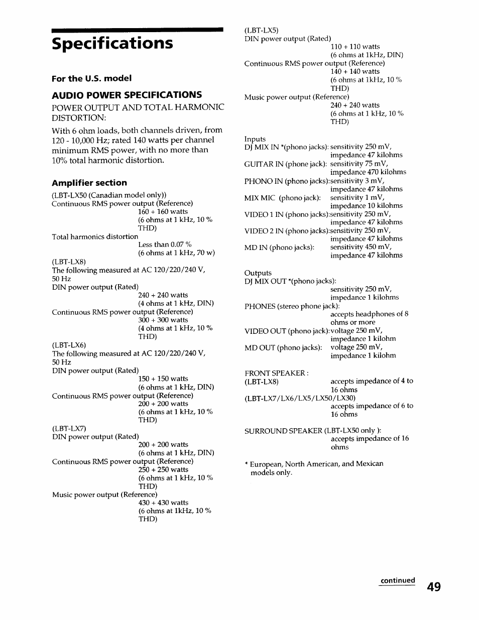Specifications, For the u.s. model, Audio power specifications | Amplifier section | Sony LBT-LX50 User Manual | Page 49 / 52
