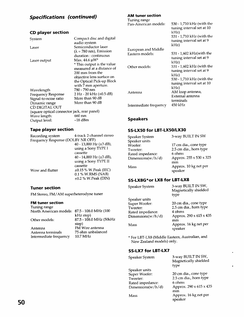 Cd player section, Tape player section, Tuner section | Speakers, Ss-lx50 for lbt-lx50/lx30, Ss-lx8g*or lx8 for lbt-lx8, Ss-lx7 for lbt-lx7 | Sony LBT-LX50 User Manual | Page 50 / 52