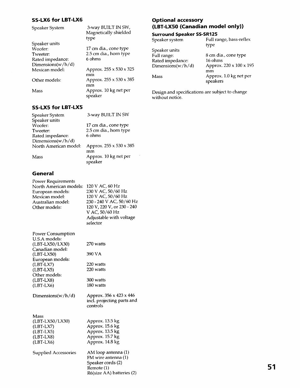 Ss-lx6 for lbt-lx6, Ss-lx5 for lbt-lx5, General | Optional accessory, Lbt-lx50 (canadian model only)) | Sony LBT-LX50 User Manual | Page 51 / 52