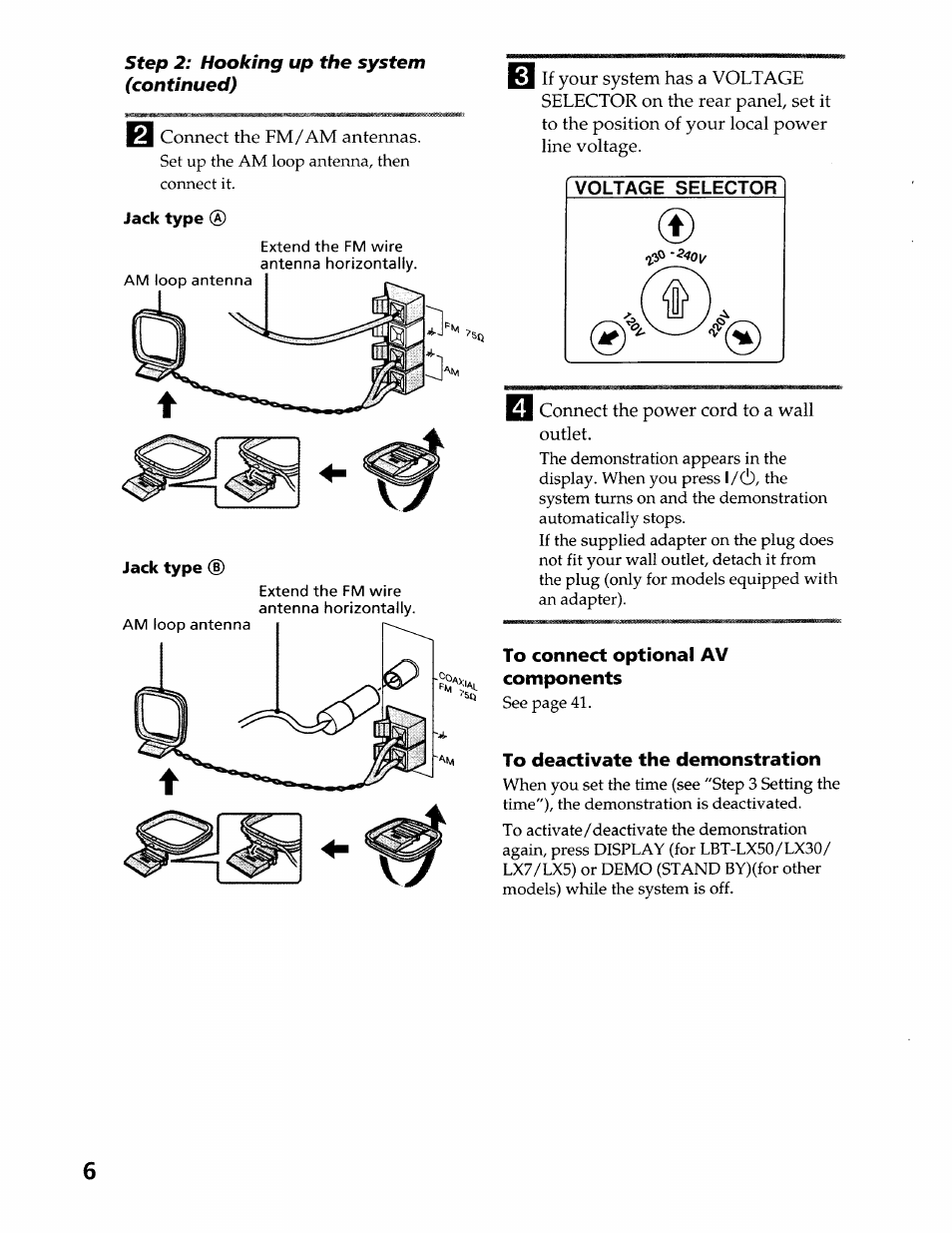 Jack type, Jack type (d, To connect optional av components | To deactivate the demonstration | Sony LBT-LX50 User Manual | Page 6 / 52