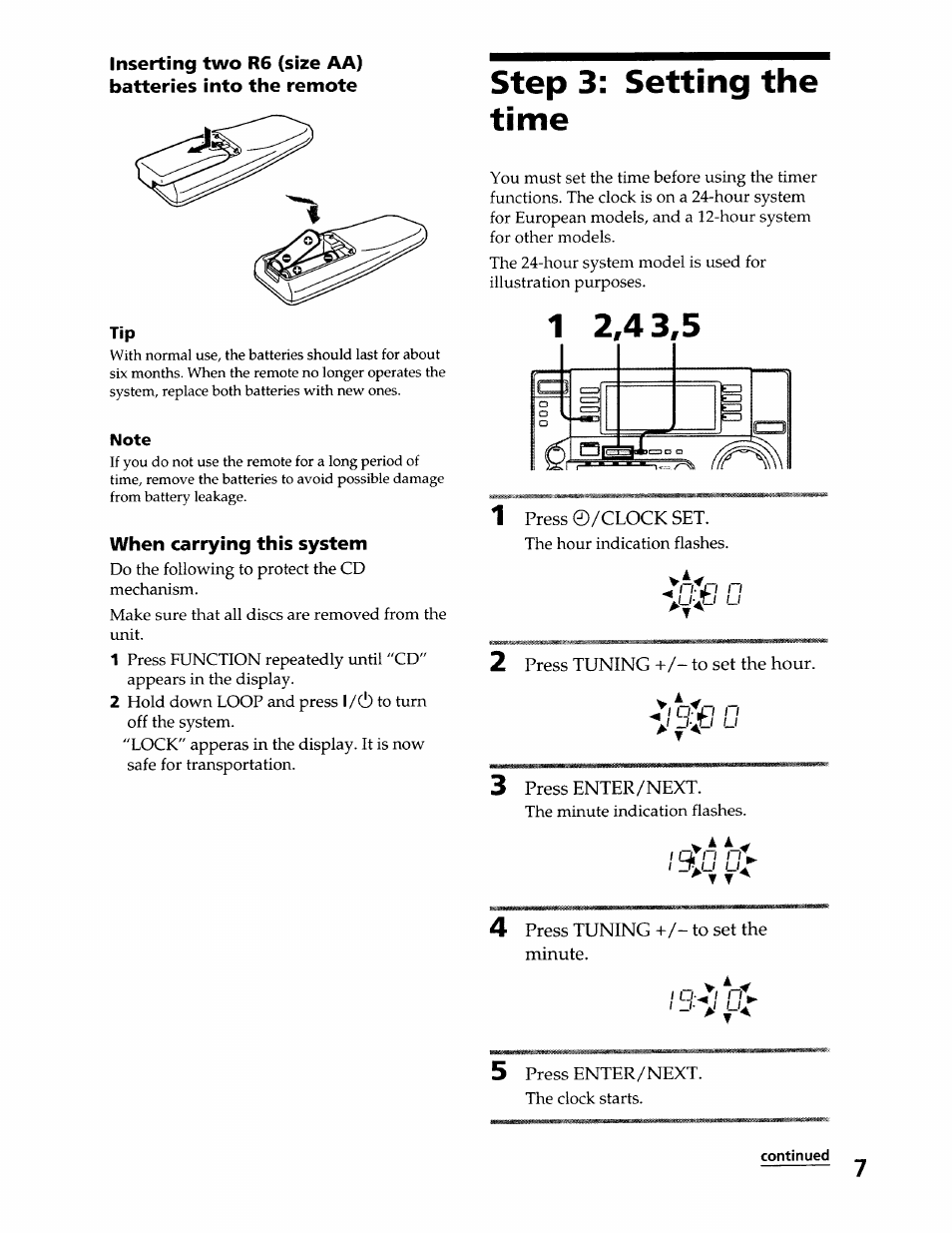 Note, When carrying this system, Step 3: setting the time | Step 3; setting the time | Sony LBT-LX50 User Manual | Page 7 / 52
