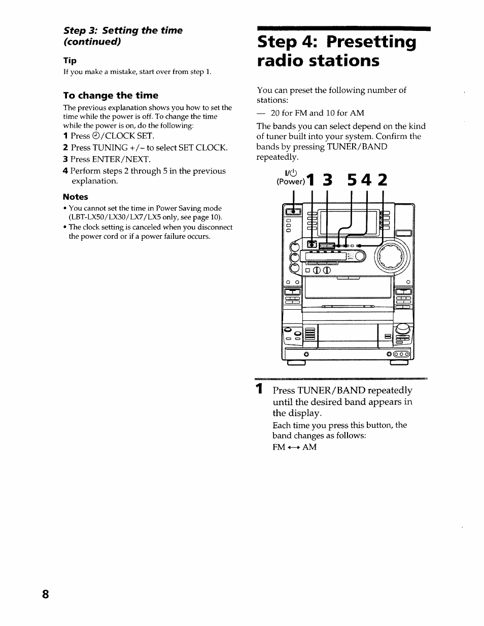 To change the time, Notes, Step 4: presetting radio stations | Sony LBT-LX50 User Manual | Page 8 / 52