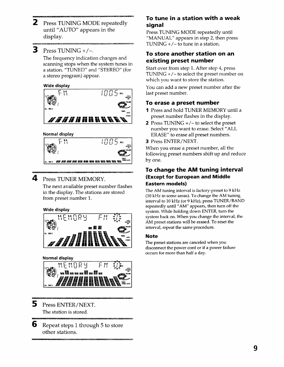 To tune in a station with a weak signal, To erase a preset number, Note | Press tuning, Press enter/next, Repeat steps 1 through 5 to store other stations | Sony LBT-LX50 User Manual | Page 9 / 52