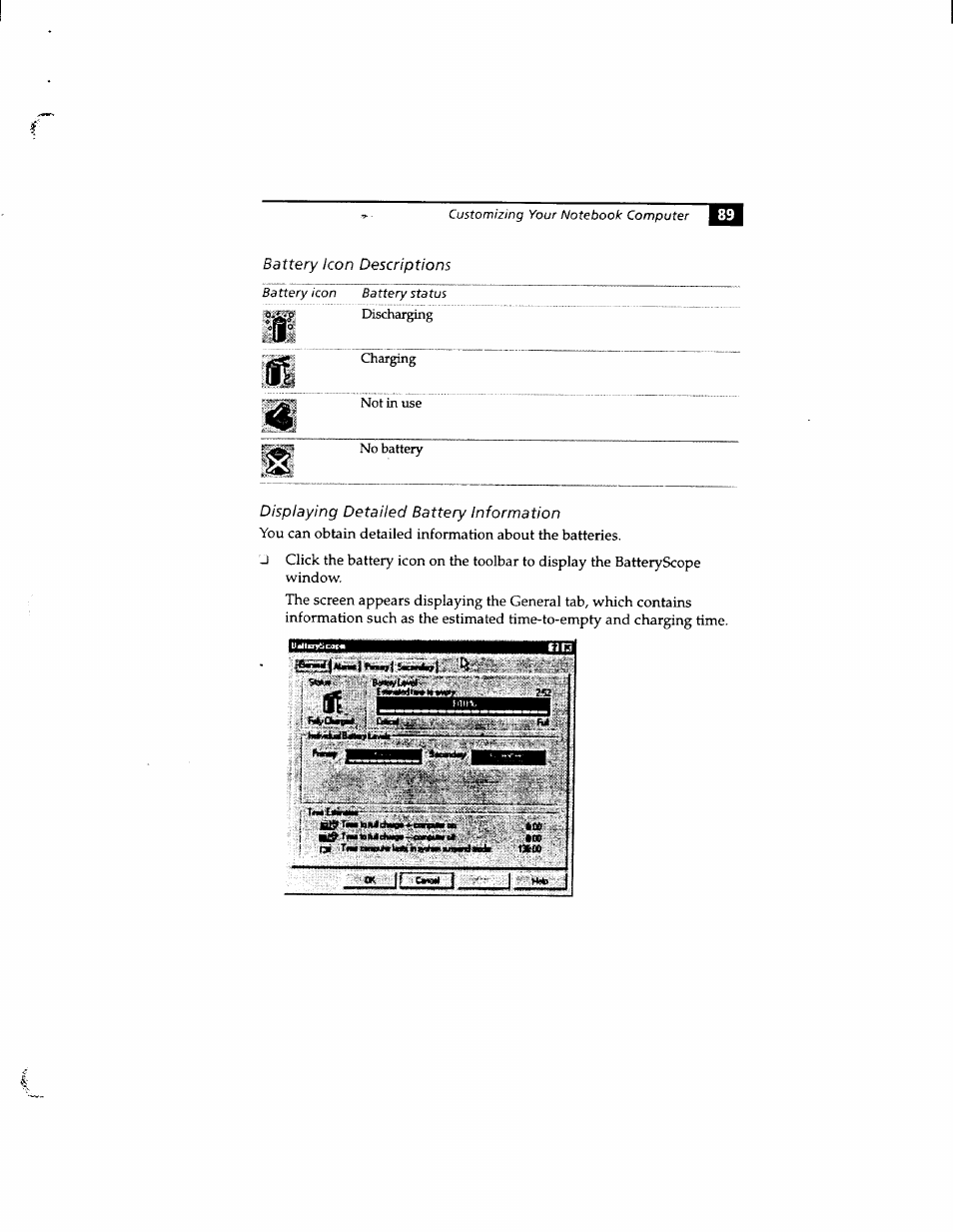 Battery icon descriptions, Displaying detailed battery information | Sony PCG-812 User Manual | Page 101 / 144