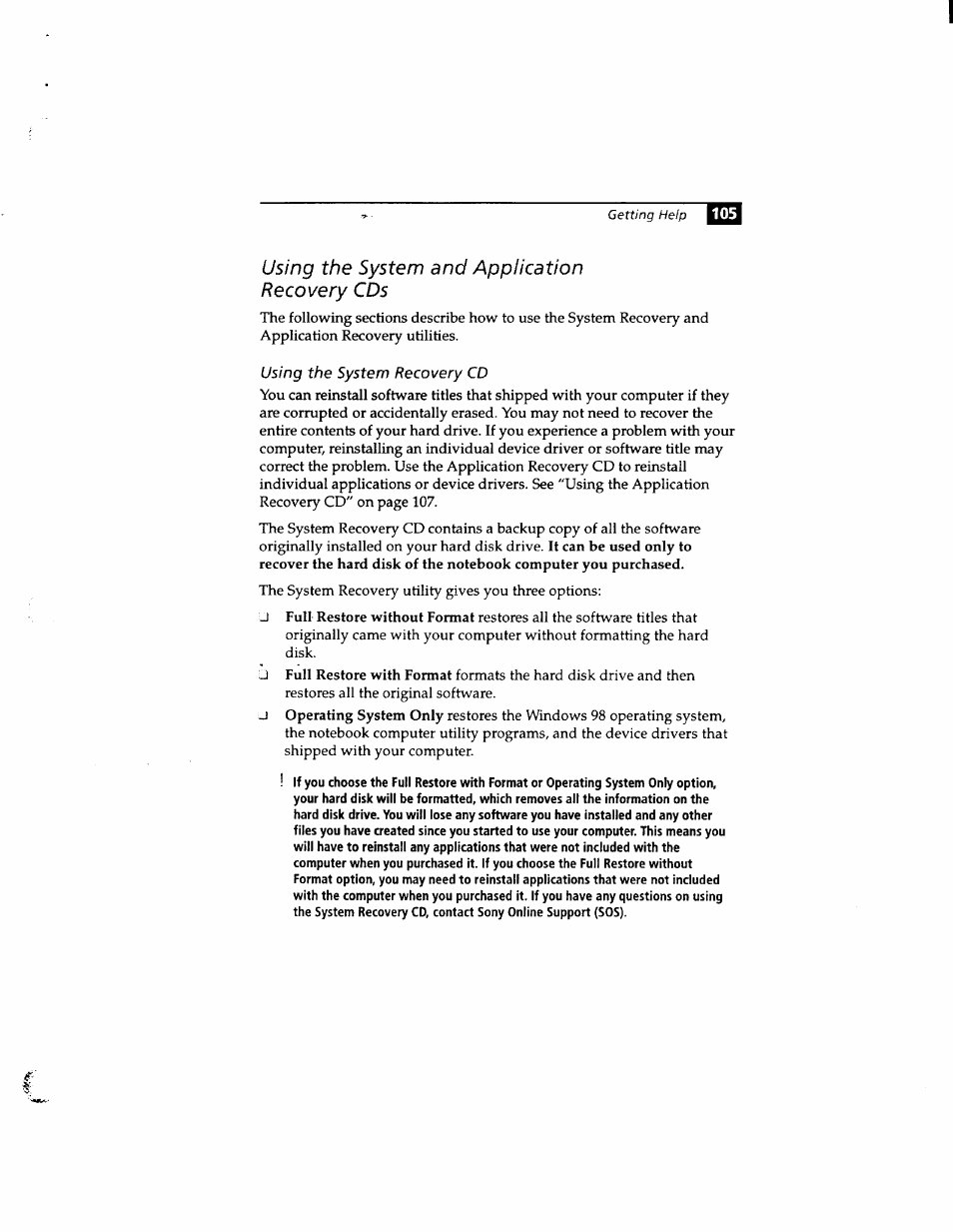 Using the system and application recovery cds | Sony PCG-812 User Manual | Page 117 / 144