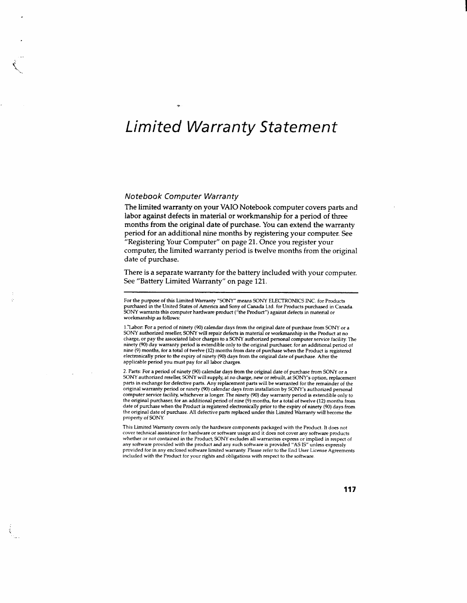 Limited warranty statement | Sony PCG-812 User Manual | Page 129 / 144