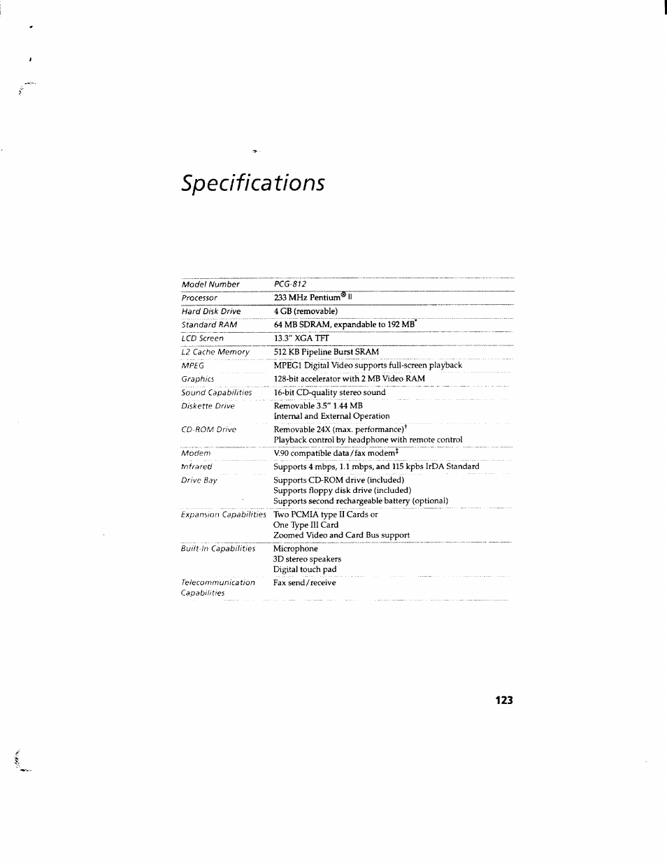 Specifications | Sony PCG-812 User Manual | Page 135 / 144