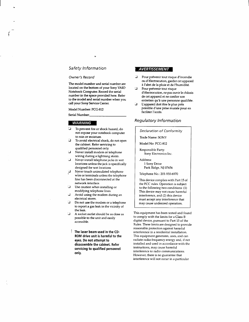 Safety information, Regulatory information | Sony PCG-812 User Manual | Page 3 / 144