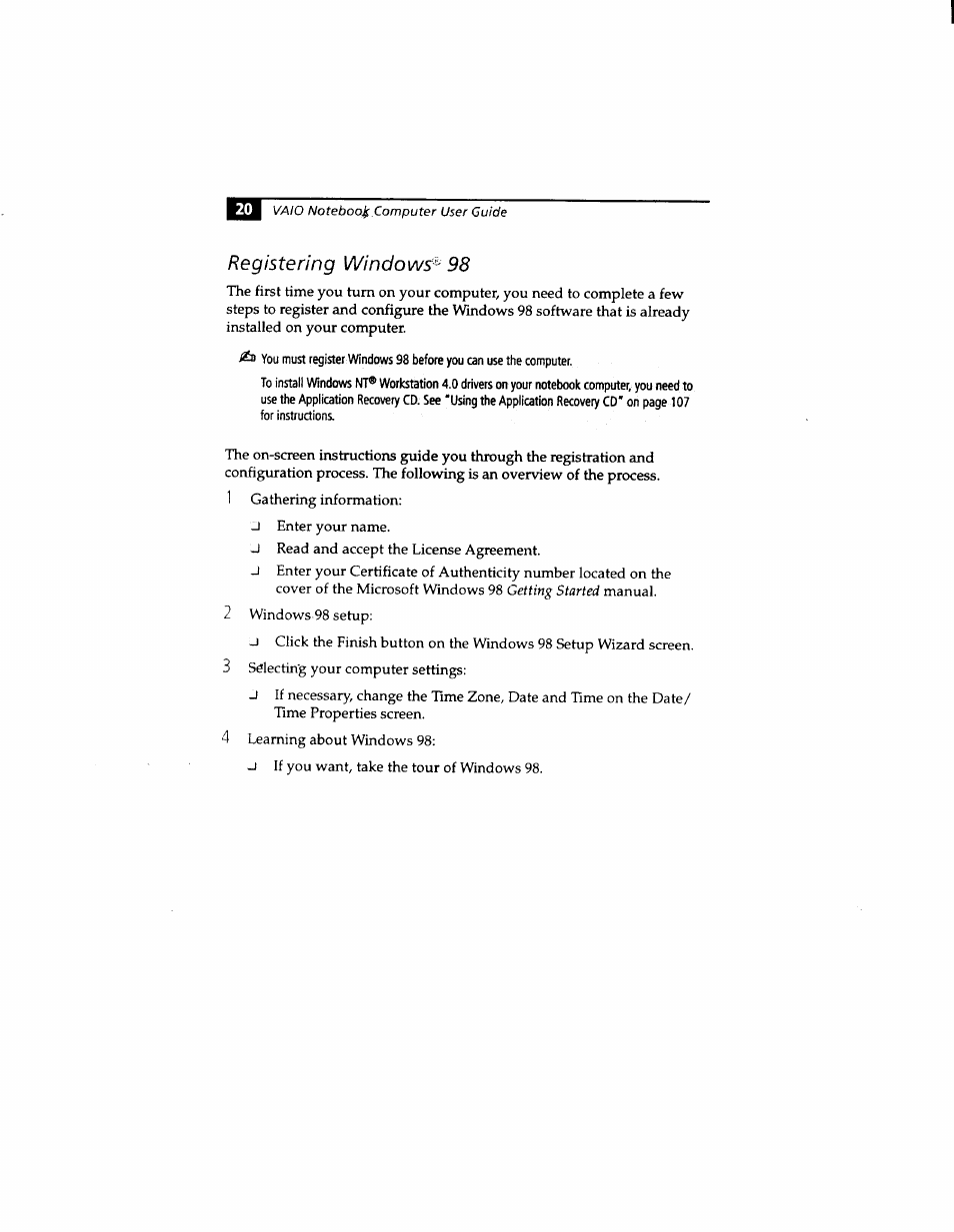 Registering windows:^ 98, Registering windows® 98 | Sony PCG-812 User Manual | Page 32 / 144