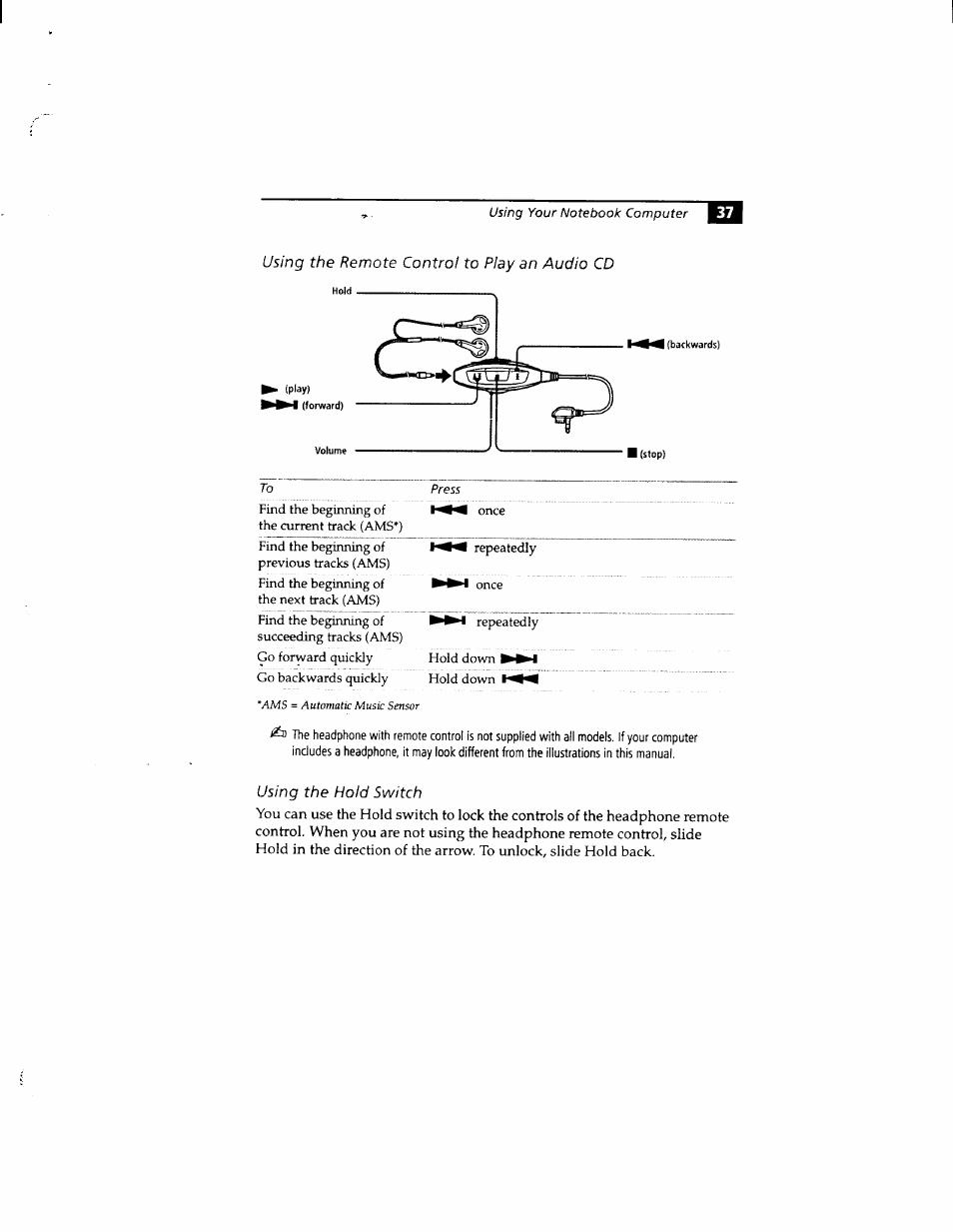 Using the remote control to play an audio cd, Using the hold switch | Sony PCG-812 User Manual | Page 49 / 144