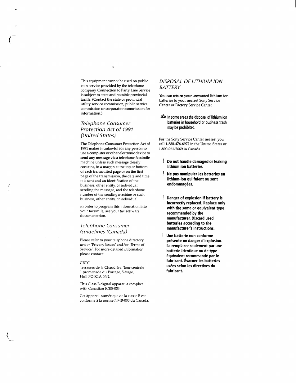 Telephone consumer guidelines (canada), Disposal of lithium ion battery | Sony PCG-812 User Manual | Page 5 / 144