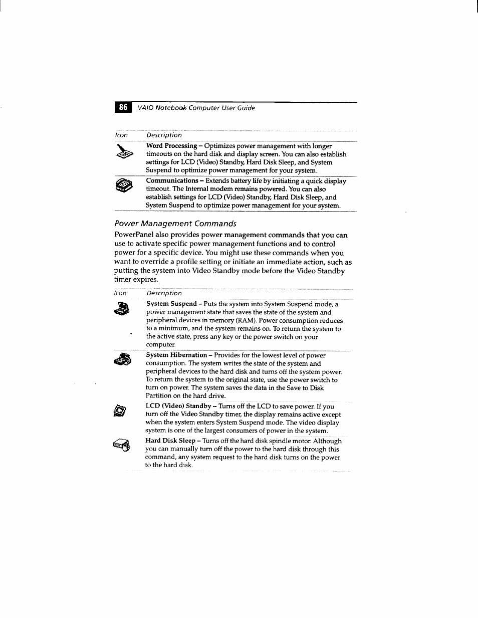 Power management commands | Sony PCG-812 User Manual | Page 98 / 144