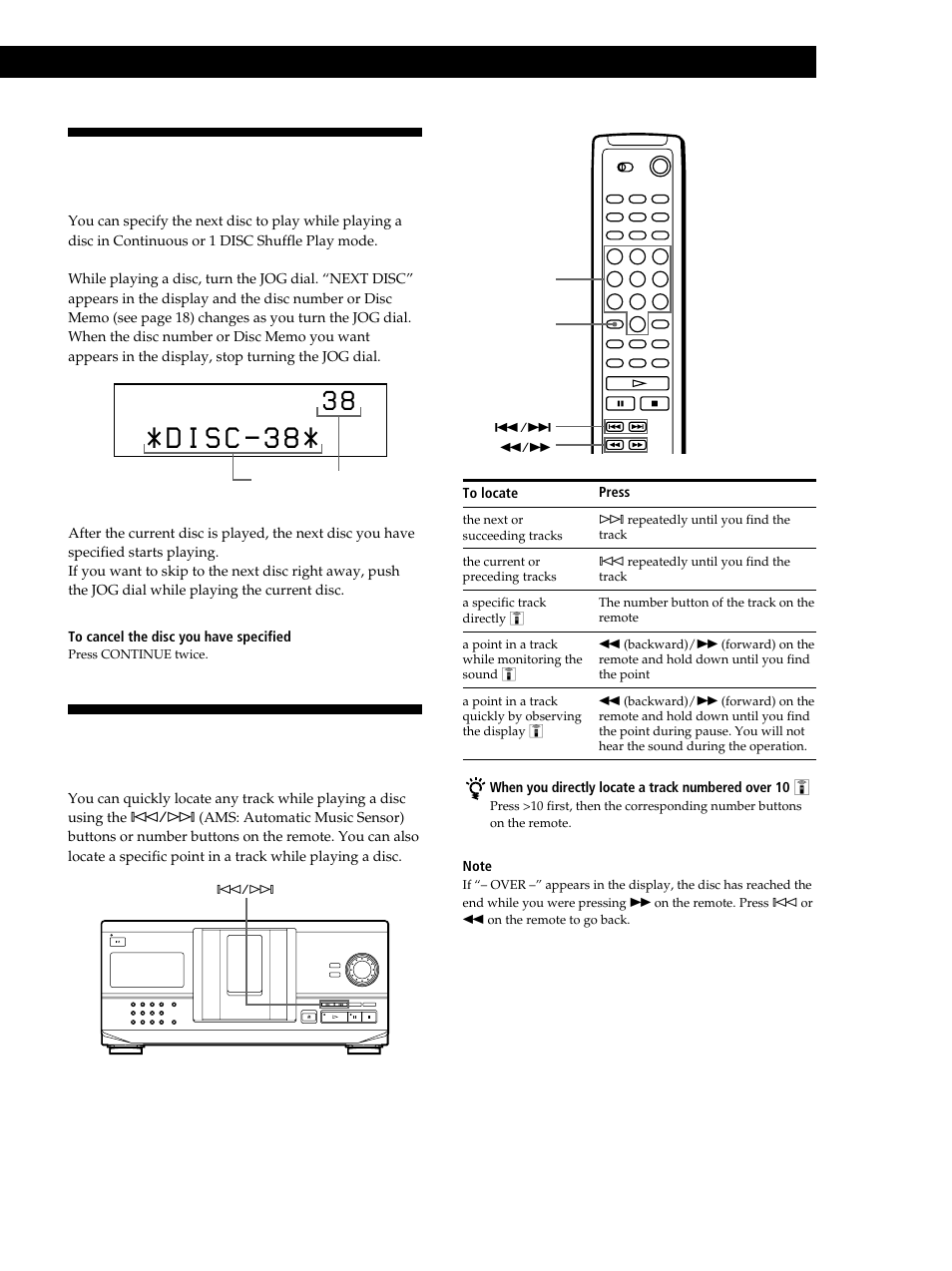 Locating a specific track or a point in a track, Specifying the next disc to play, Playing cds getting started | Playing cds | Sony CDP-CX235 User Manual | Page 13 / 28