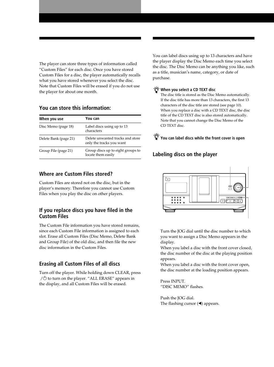 What you can do with the custom files, Storing information about cds (custom files), You can store this information | Labeling discs on the player, Where are custom files stored, Erasing all custom files of all discs | Sony CDP-CX235 User Manual | Page 18 / 28