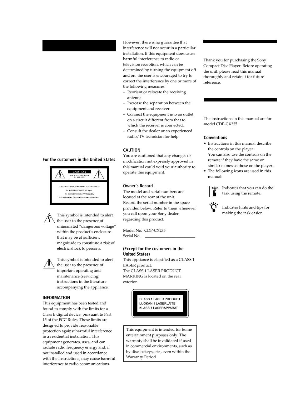 Welcome, About this manual, 2warning | Sony CDP-CX235 User Manual | Page 2 / 28