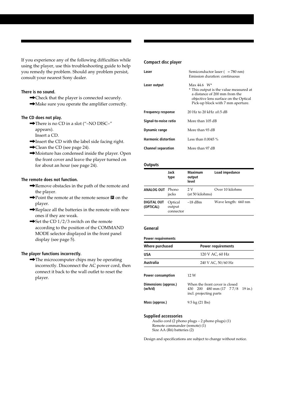 Specifications, Troubleshooting, Playing cds in various modes | Additional information | Sony CDP-CX235 User Manual | Page 25 / 28