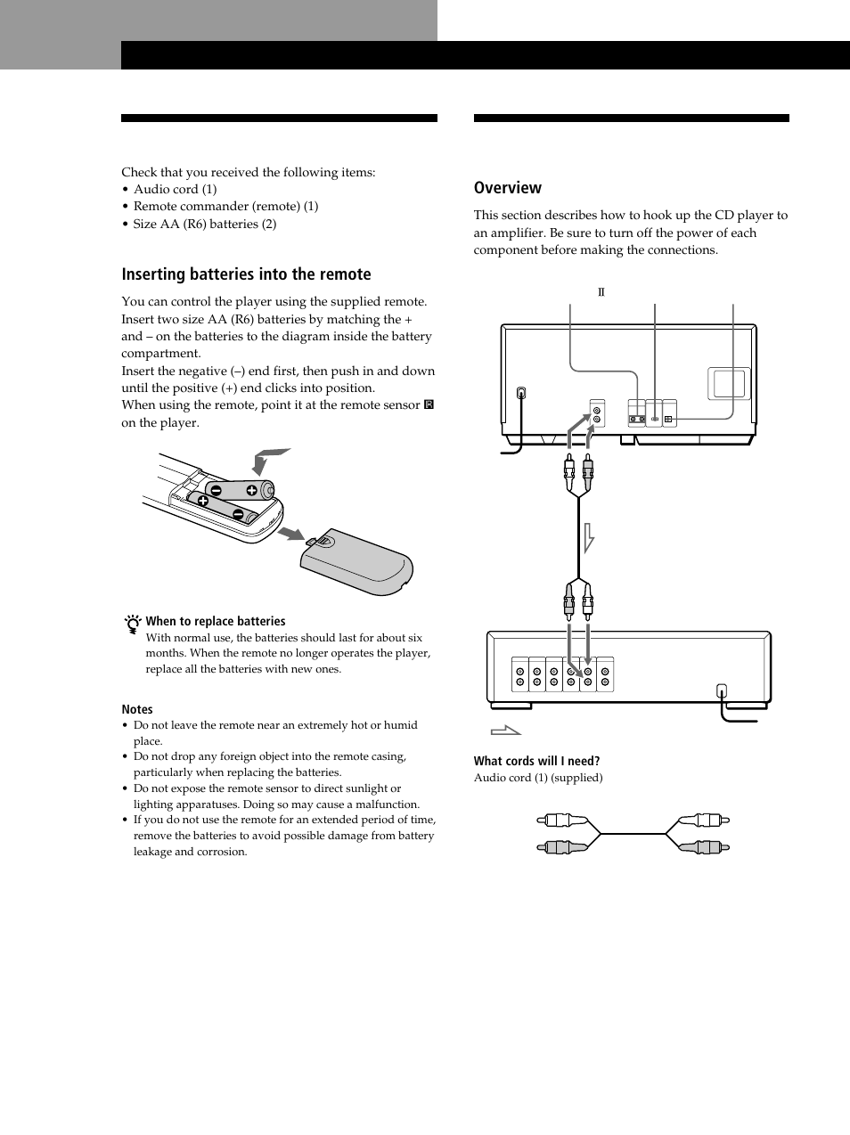 Hooking up the system, Unpacking, Getting started | Overview, Inserting batteries into the remote | Sony CDP-CX235 User Manual | Page 4 / 28