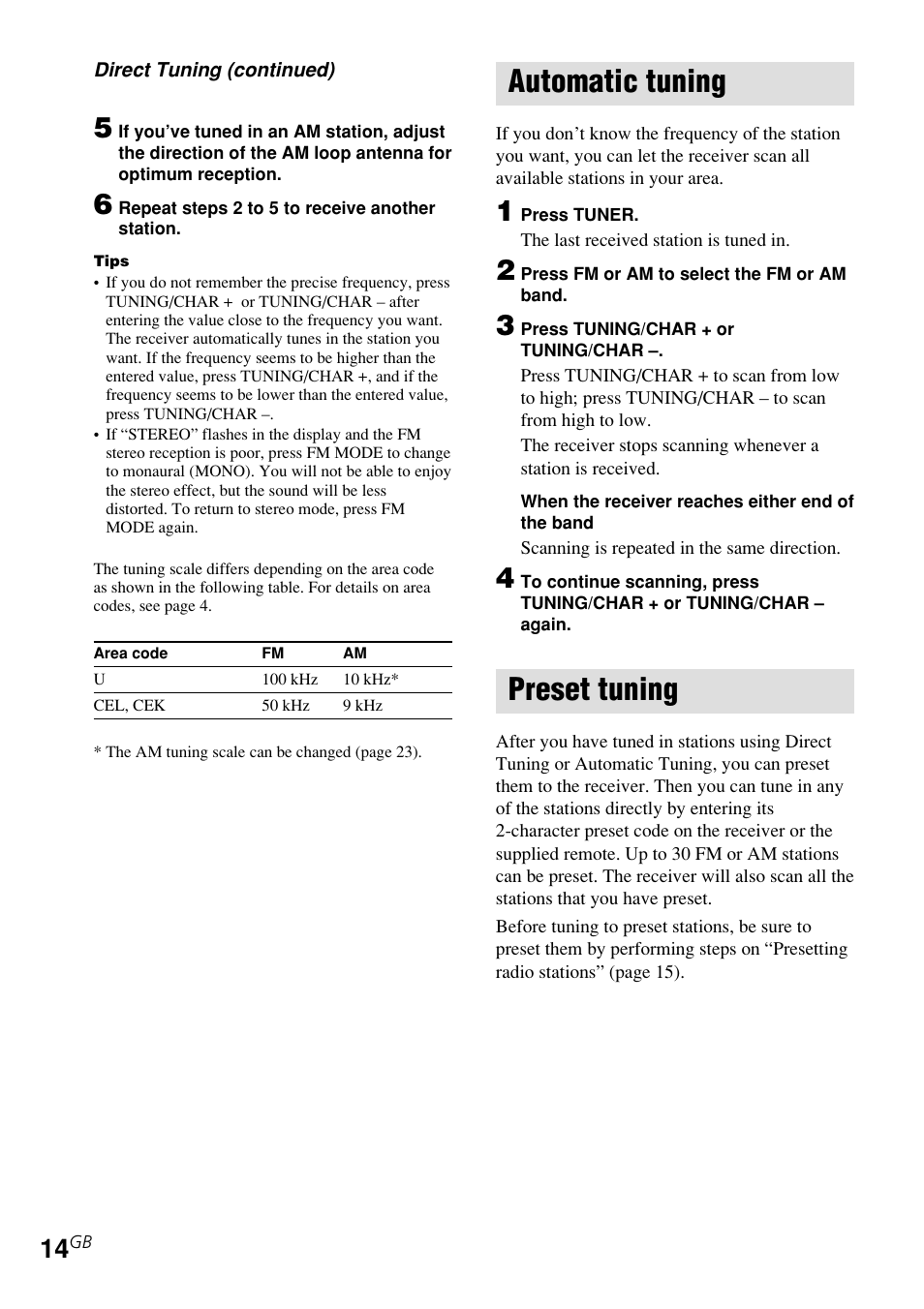 Automatic tuning, Preset tuning | Sony STR-DE185 User Manual | Page 14 / 28