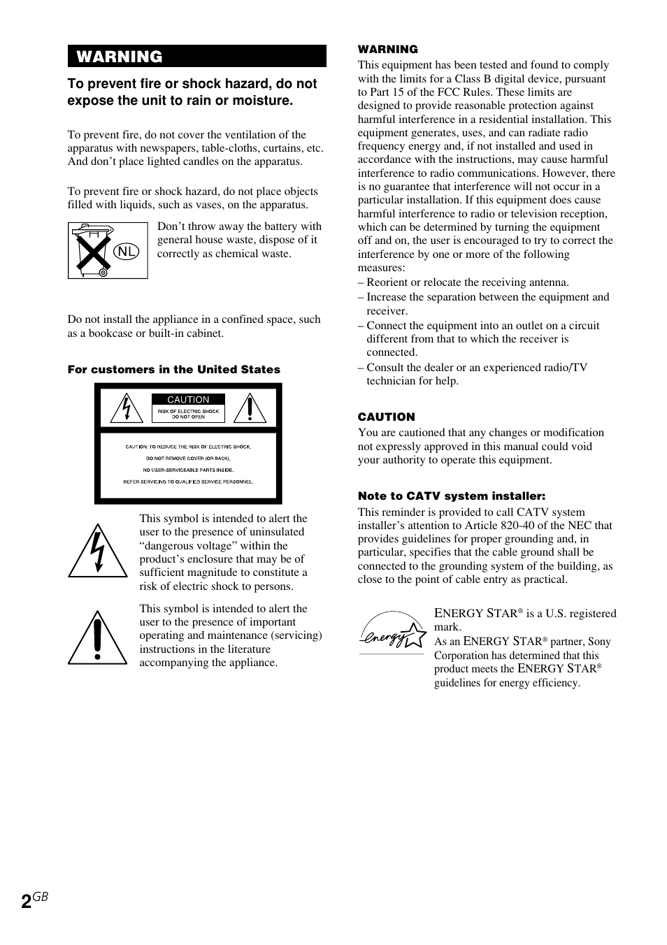 Warning | Sony STR-DE185 User Manual | Page 2 / 28