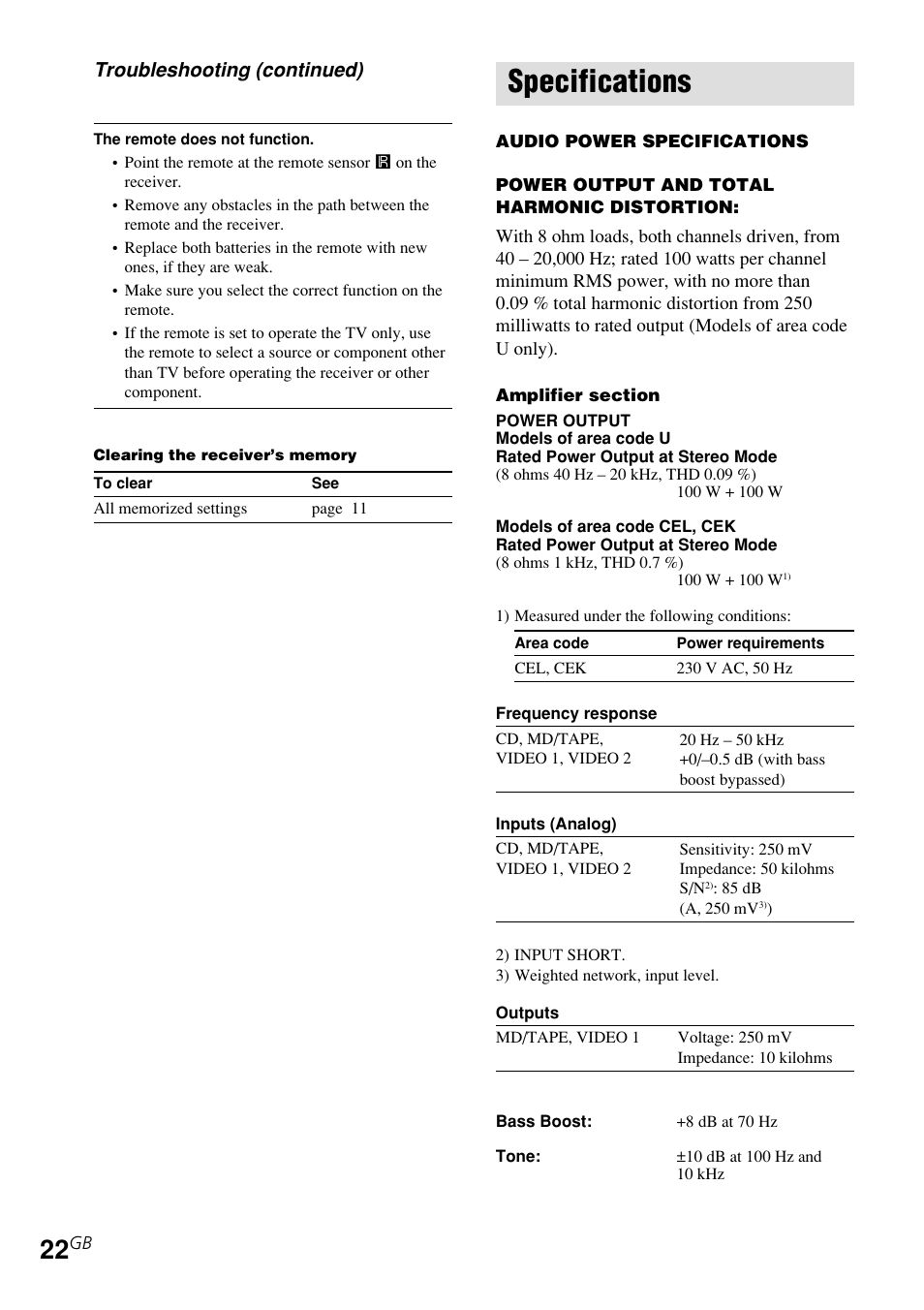 Specifications | Sony STR-DE185 User Manual | Page 22 / 28