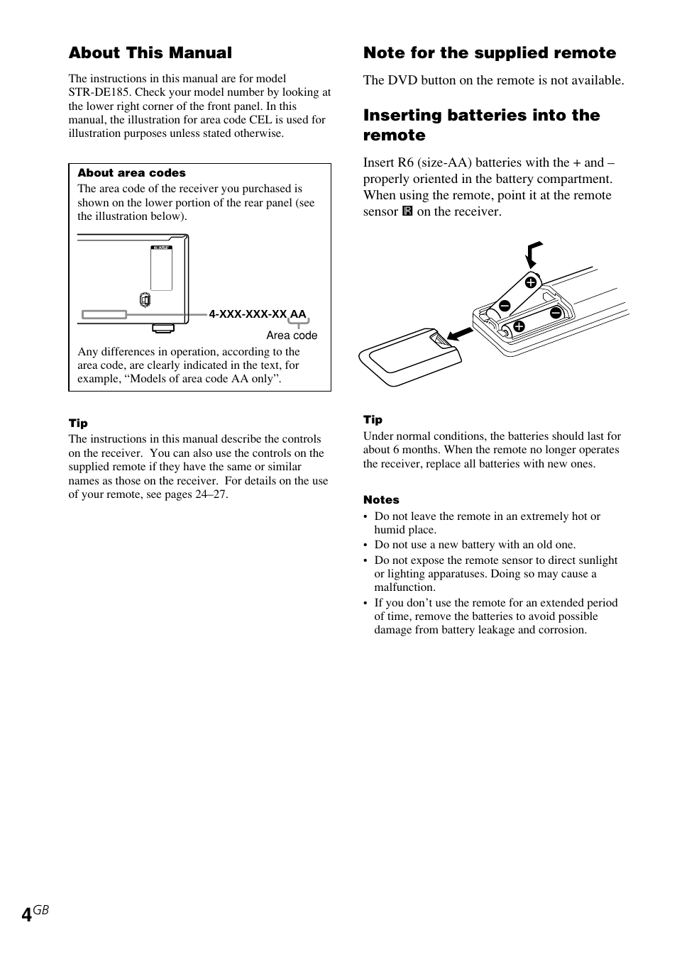 About this manual, Inserting batteries into the remote | Sony STR-DE185 User Manual | Page 4 / 28