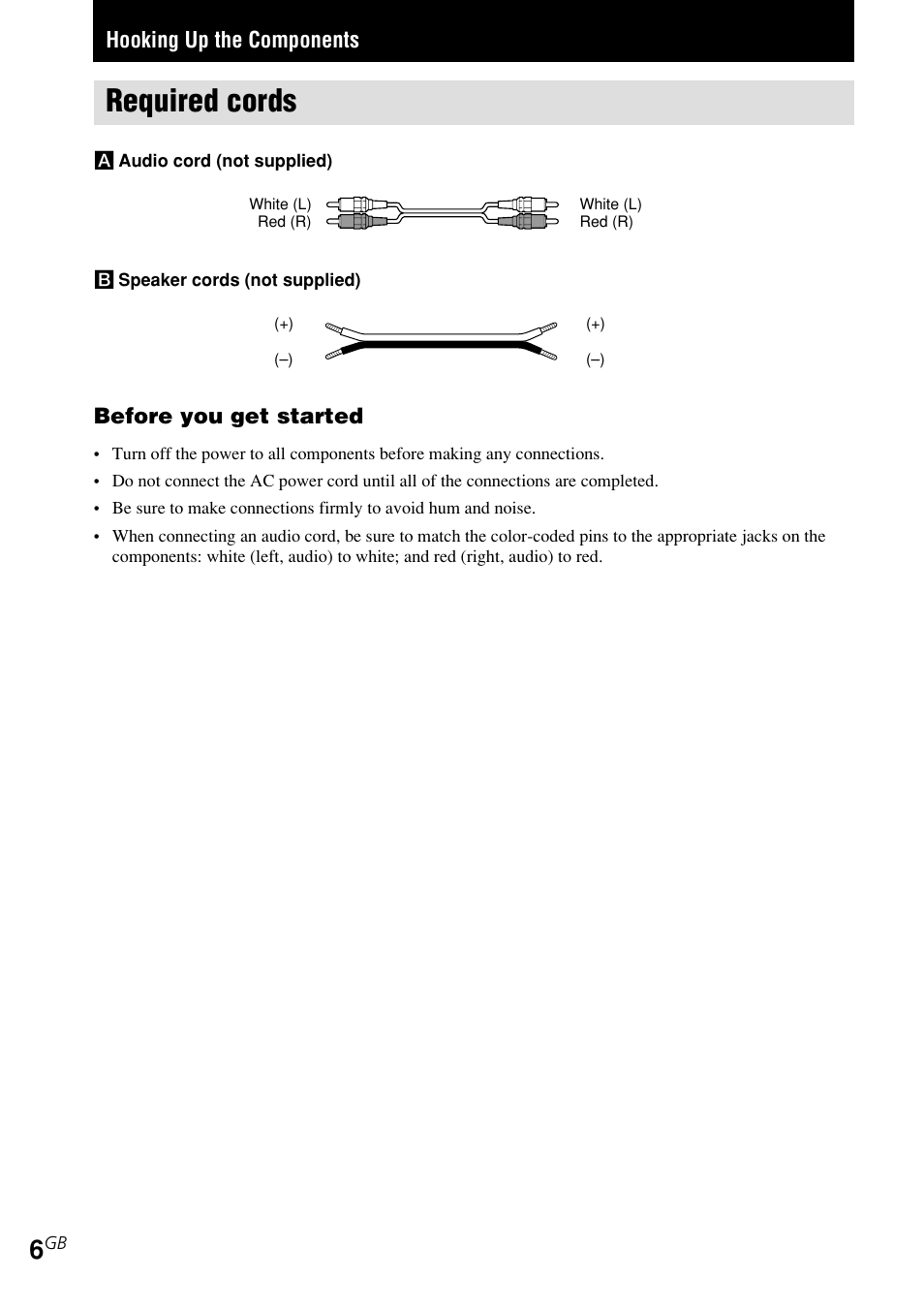 Required cords, Before you get started, Hooking up the components | Sony STR-DE185 User Manual | Page 6 / 28