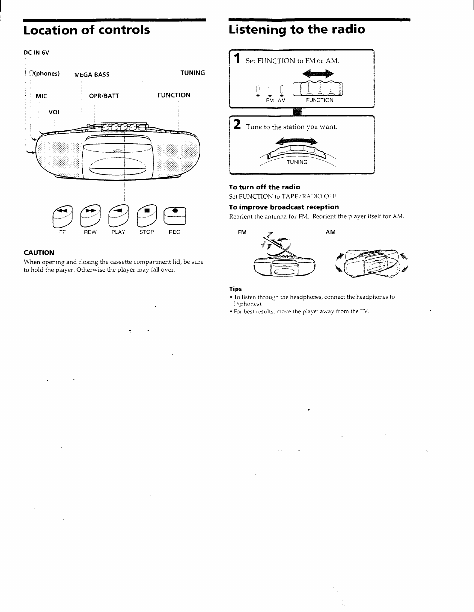 Location of controls, Listening to the radio | Sony CFS-E2 User Manual | Page 2 / 4