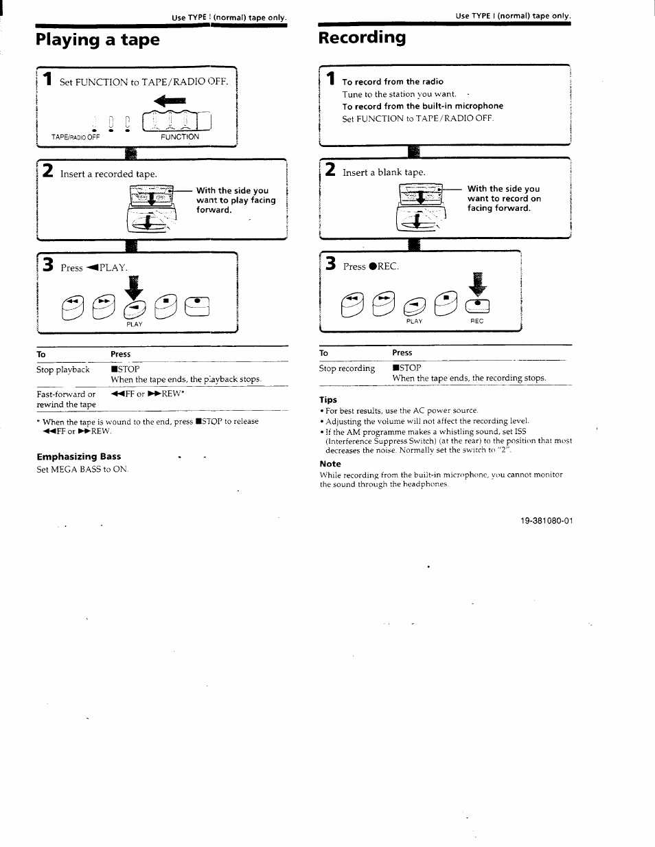 Playing a tape, Recording | Sony CFS-E2 User Manual | Page 3 / 4