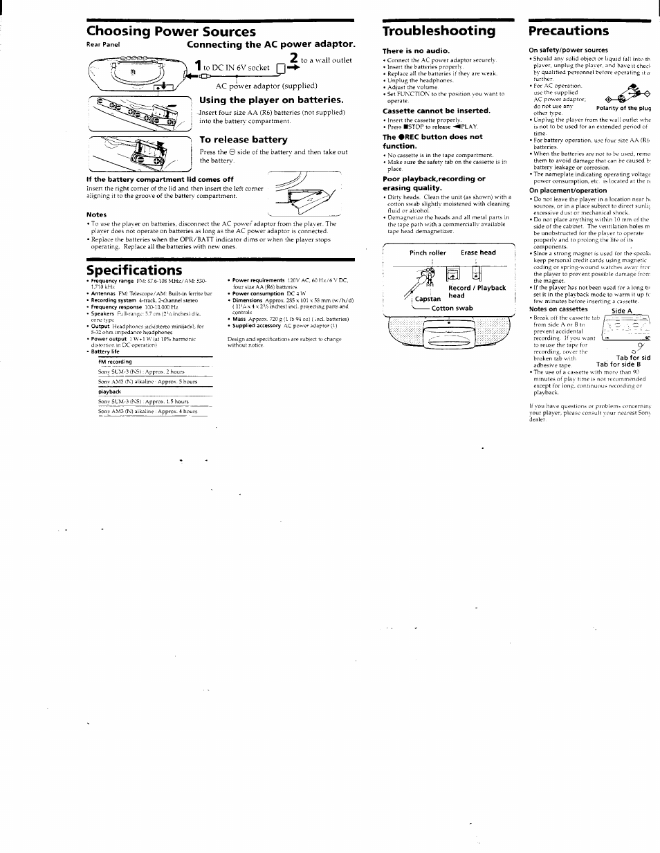 Troubleshooting precautions, Specifications, Choosing power sources | Troubleshooting precautions 1, Connecting the ac power adaptor, Using the player on batteries | Sony CFS-E2 User Manual | Page 4 / 4