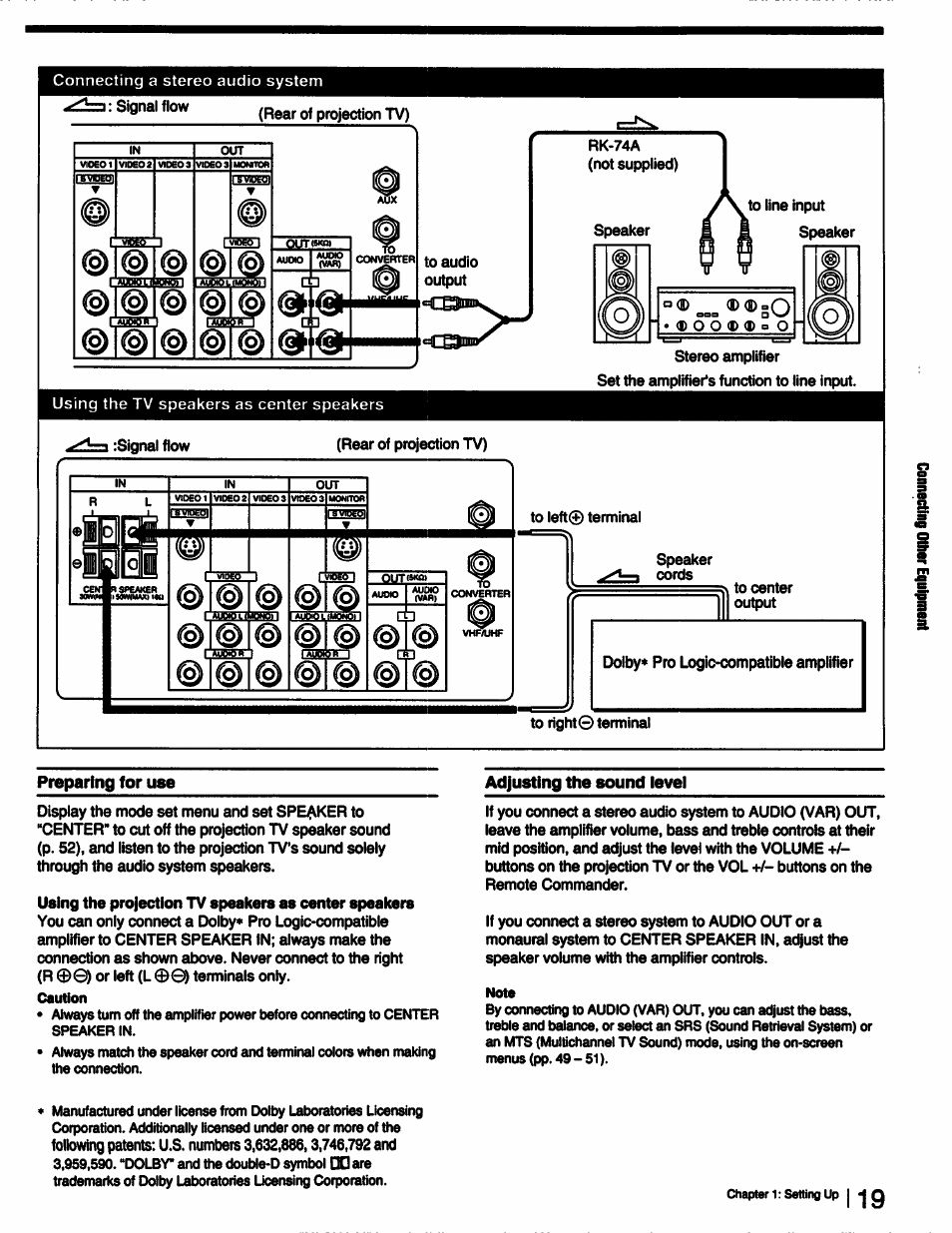 Adjusting the sound level, Adjusting the sound, L - . ^ o o | Sony KP-53V15 User Manual | Page 19 / 76