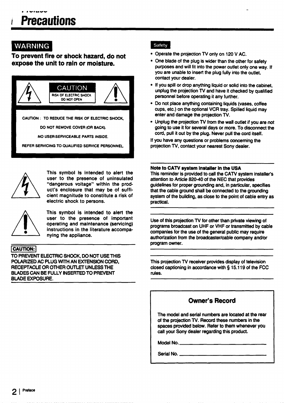 Precautions | Sony KP-53V15 User Manual | Page 2 / 76