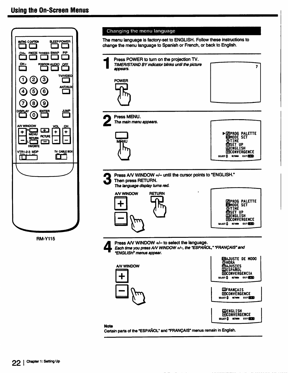 Using the on-screen menus | Sony KP-53V15 User Manual | Page 22 / 76