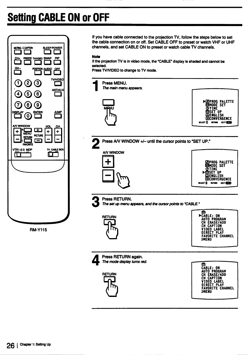 1=10 oo, Setting cable on or off, 1=1 a(=)s | Sony KP-53V15 User Manual | Page 26 / 76