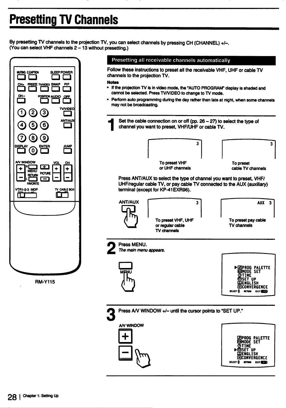 Presetting tv channels | Sony KP-53V15 User Manual | Page 28 / 76