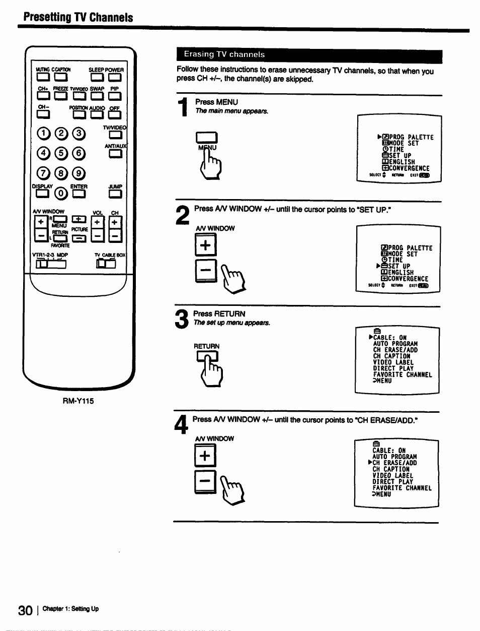 Presetting tv channels, Press menu | Sony KP-53V15 User Manual | Page 30 / 76