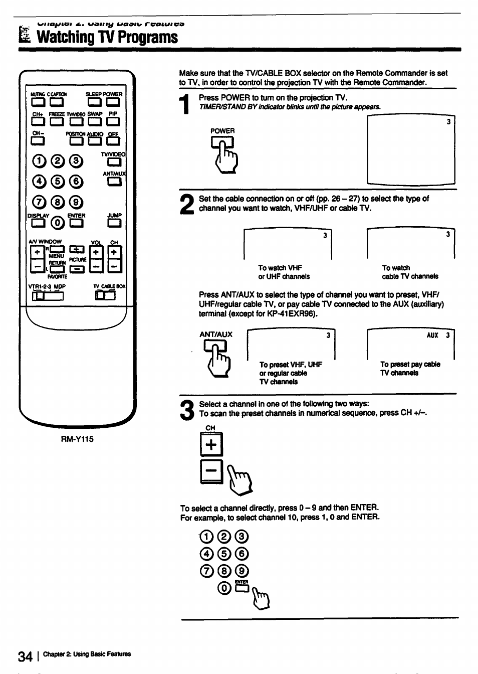 Watching tv programs, C3 0u, Sshh | 11=1 oa, O l=)i=ici, 0® c | Sony KP-53V15 User Manual | Page 34 / 76