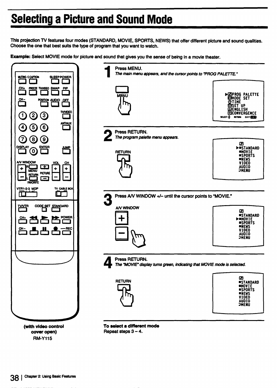 Selecting a picture and sound mode | Sony KP-53V15 User Manual | Page 38 / 76