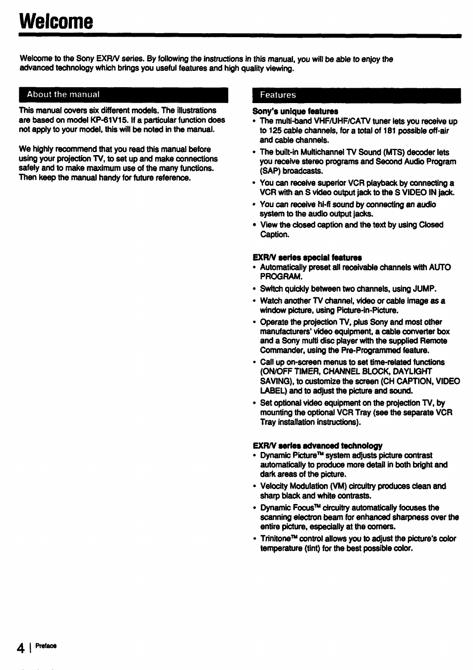 Exraf series speciai features, Exr/v series advanced technology, Welcome | Sony KP-53V15 User Manual | Page 4 / 76