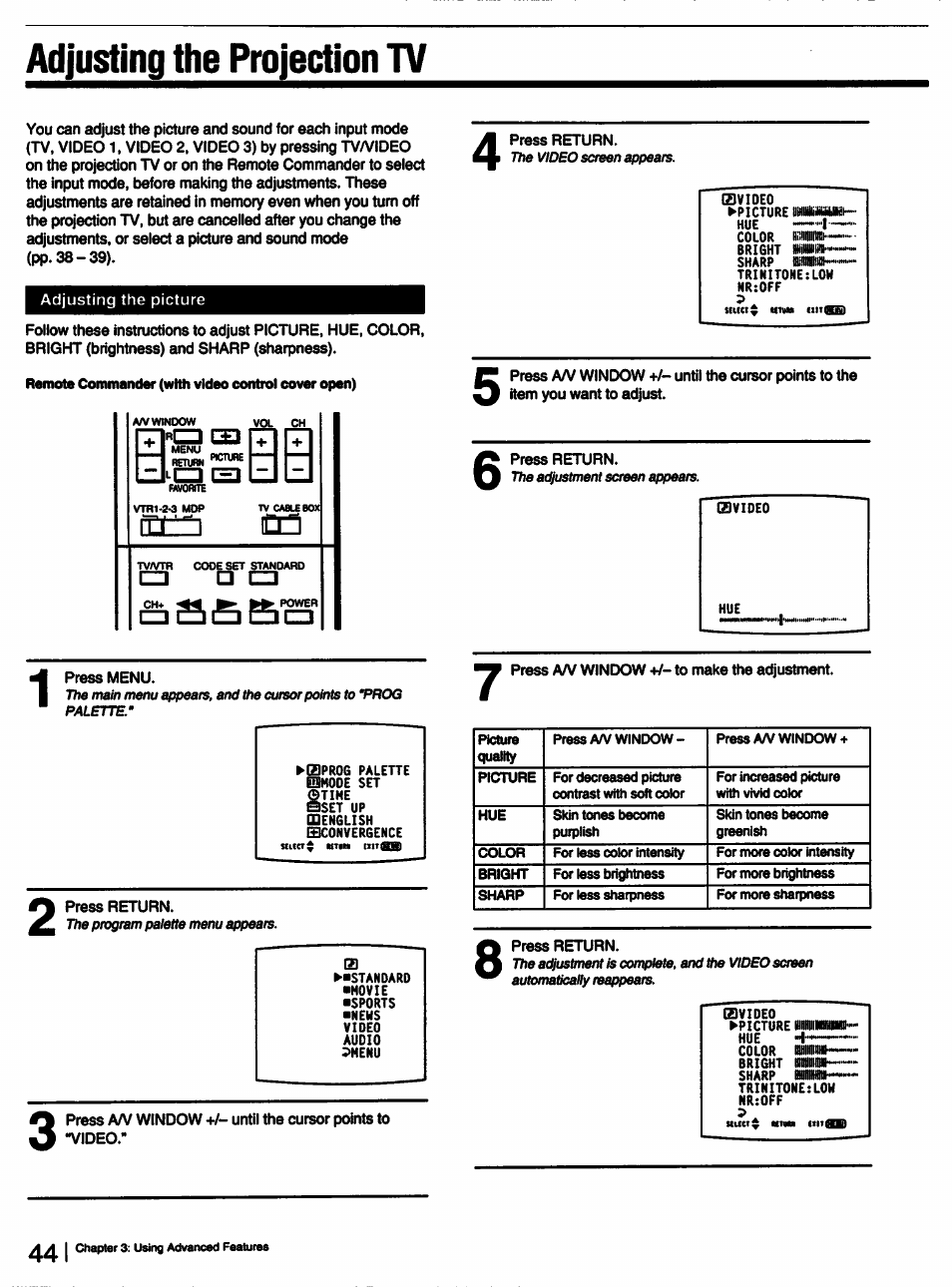 Adjusting the projection tv | Sony KP-53V15 User Manual | Page 44 / 76