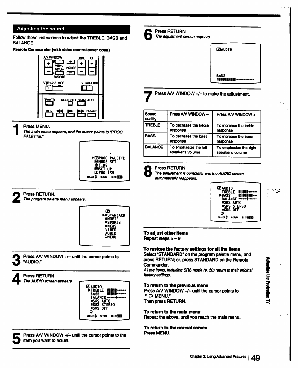 To adjust other hems, To restore the factory settings for all the items, To return to the previous menu | To return to the main menu, To return to the normal screen | Sony KP-53V15 User Manual | Page 49 / 76