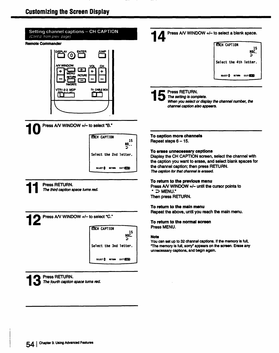 Customizing the screen display | Sony KP-53V15 User Manual | Page 54 / 76